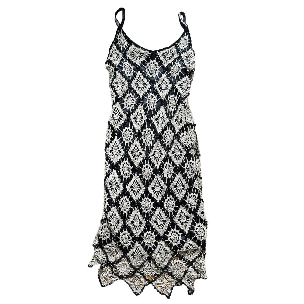 SALE! VTG ALFREDO VENINI Tan & Black Knit Beaded Maxi slip Dress Y2K Large